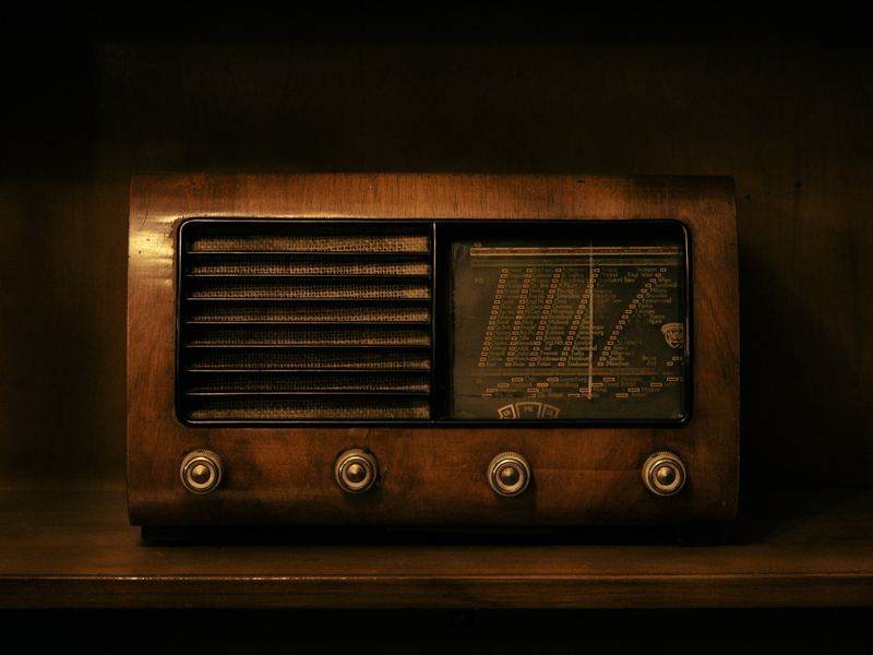 A wooden tabletop radio with a speaker grille and tuning dial