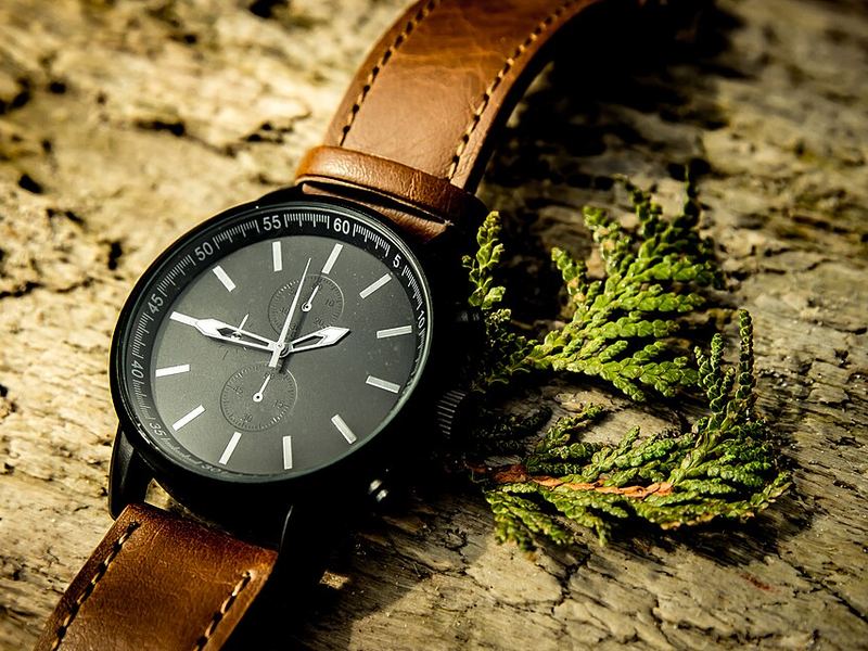 A black-faced watch with a brown leather strap next to a cedar sprig
